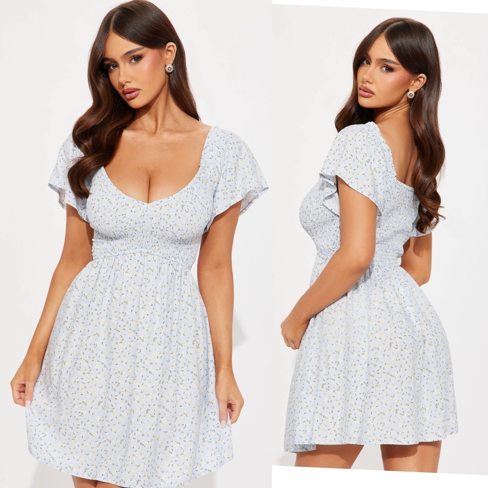 Fashion Nova Flower Child Floral Mini Dress - Dusty Blue